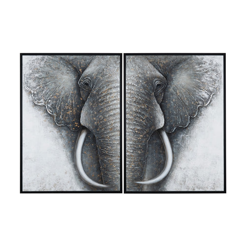 2pc Framed Wall Art | Split Close-Up Elephant Face Trunk | Gray Black 38x52