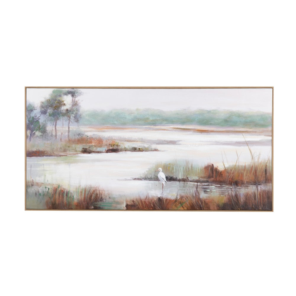 Luka Wall Art | Landscape Painting with Egret | Green & Brown 30x60 Frame