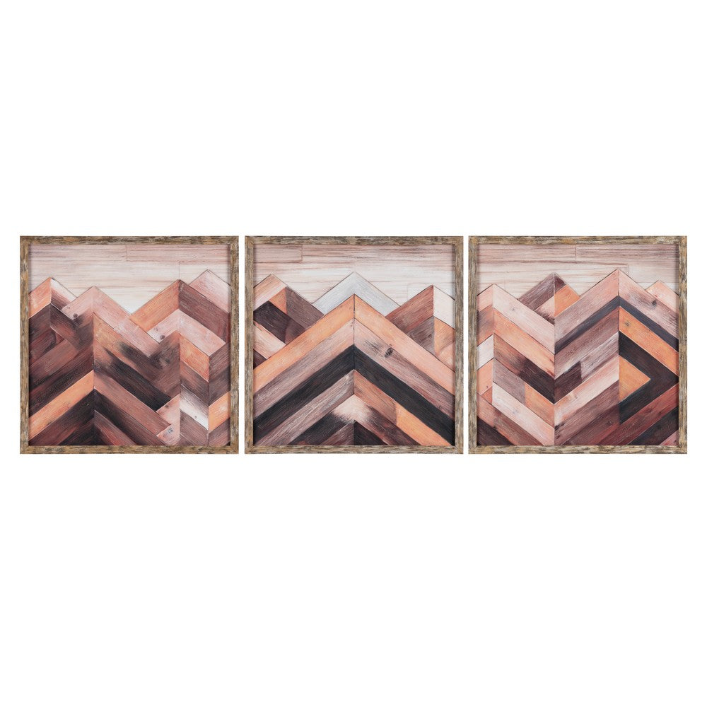 Veda 3pc Wall Art Set | Mountain-View Painting | Brown Wood Framed 30x30