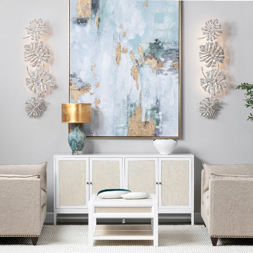 Metal Wall Sconce w Layered Monstera Leaves in Distressed White