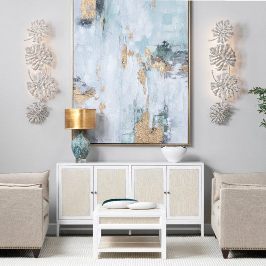 Metal Wall Sconce w Layered Monstera Leaves in Distressed White