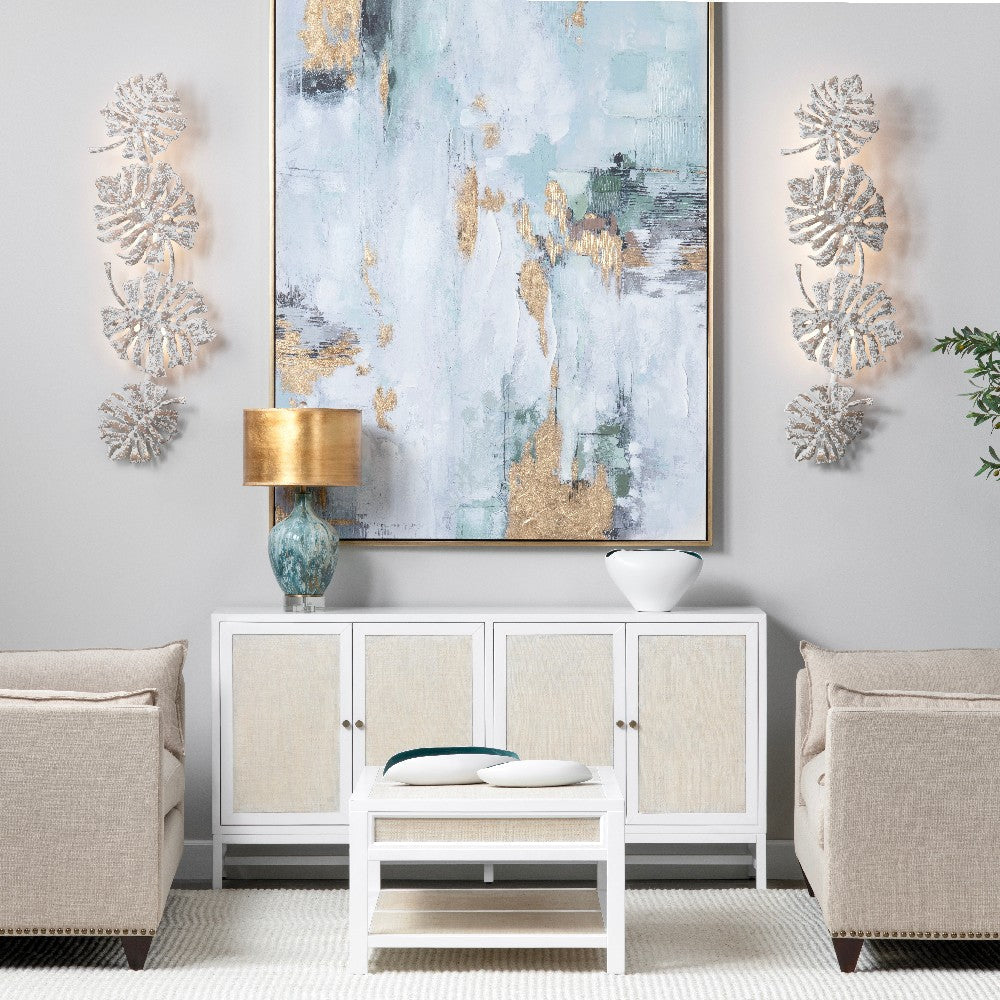 Metal Wall Sconce w Layered Monstera Leaves in Distressed White