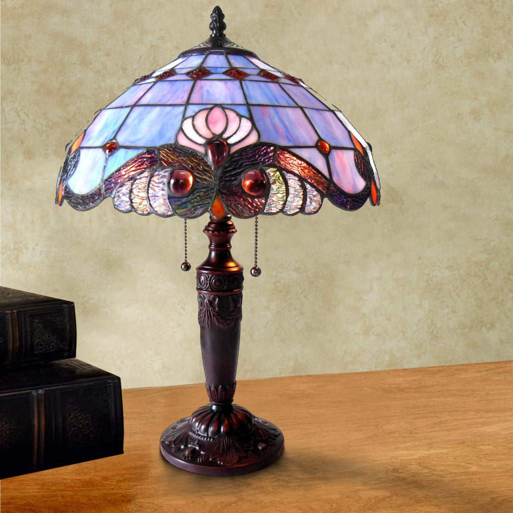 20 Inch 2 Light Tiffany Style Table Lamp, Blue and Pink