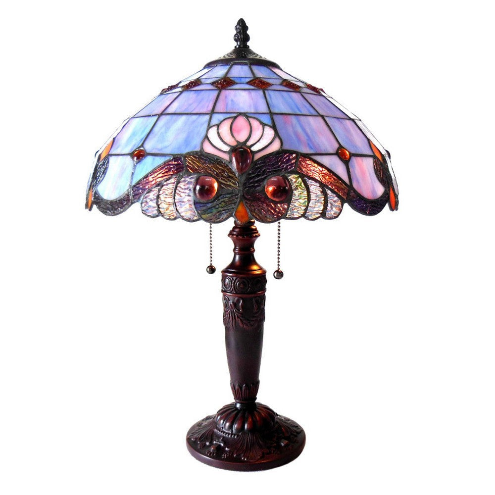 20 Inch 2 Light Tiffany Style Table Lamp, Blue and Pink