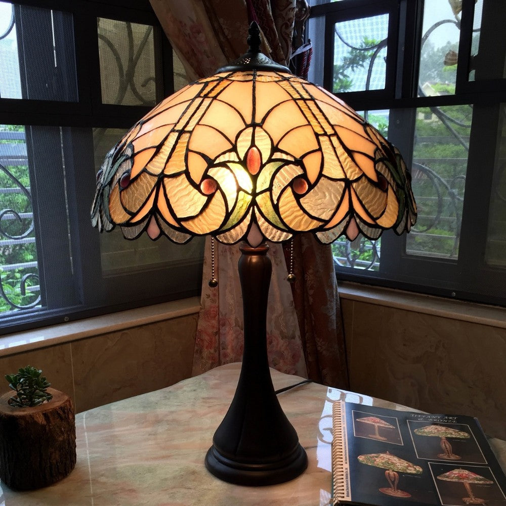 Handcrafted Tiffany Style Table Lamp with Pull Chain, Multicolor