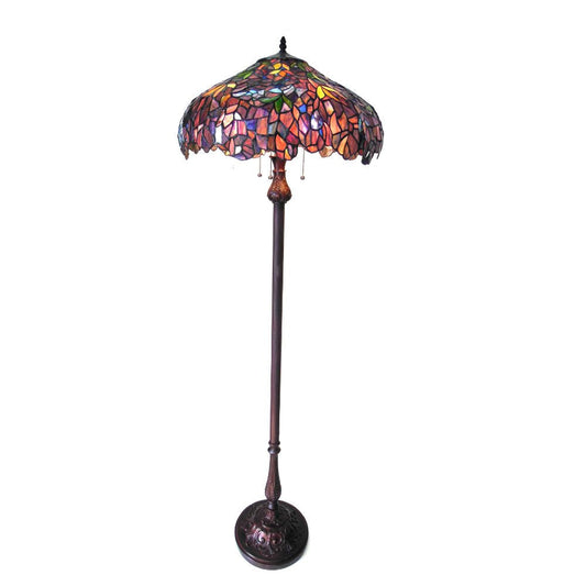 3 Light Engraved Metal Floor Lamp with Tiffany Glass Shade, Multicolor