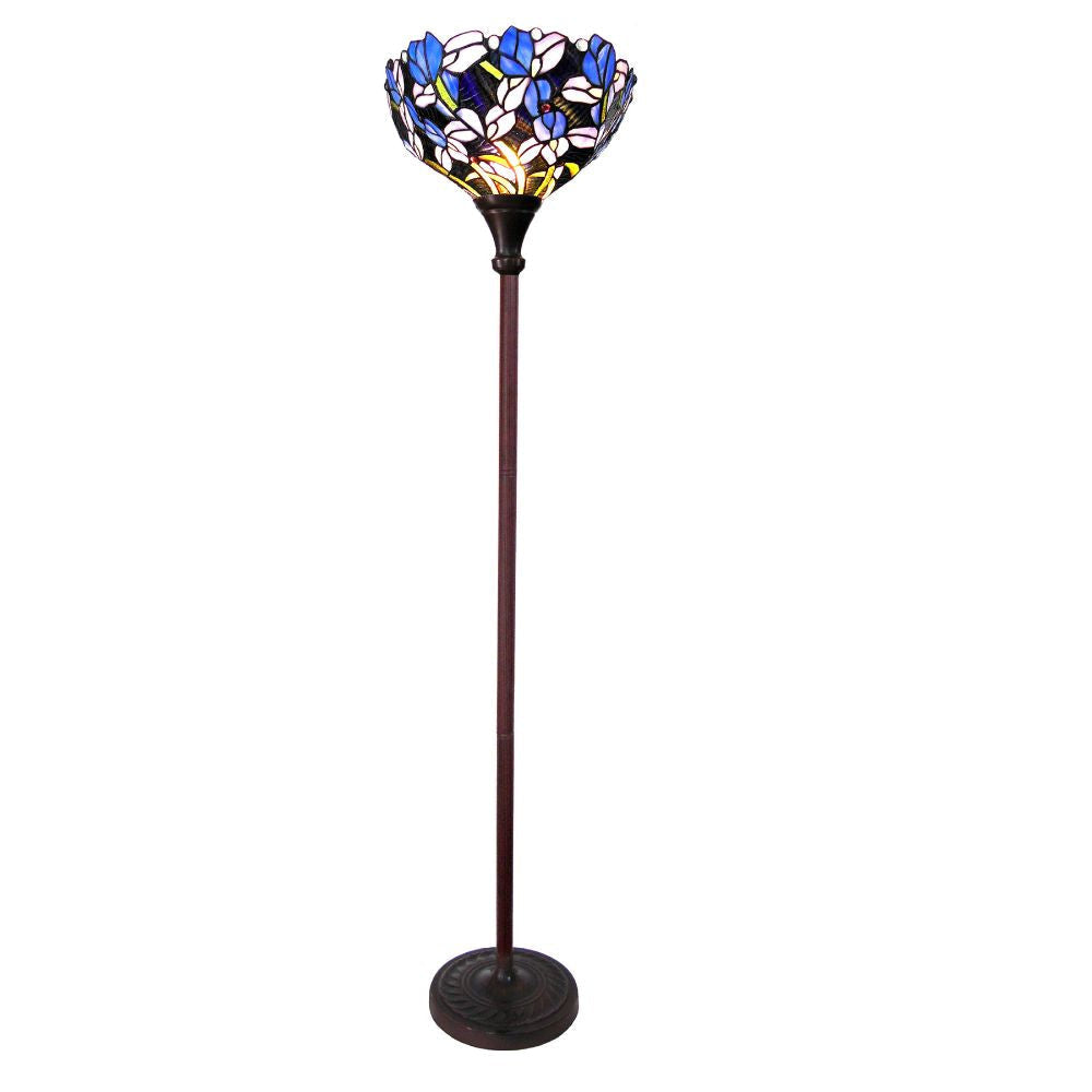 Tiffany Style Glass Floor Lamp with Iris Design Shade, Blue and Bronze