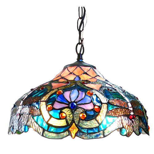 17 Inches 2 Light Tiffany Style Stained Glass Pendant Lamp, Multicolor