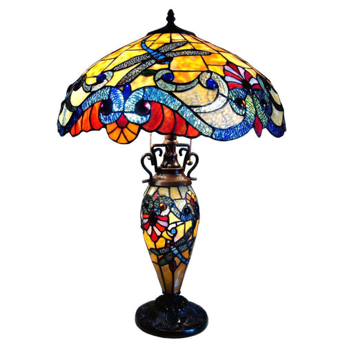 Metal Table Lamp with Mosaic Dragonfly Like Detailings, Multicolor