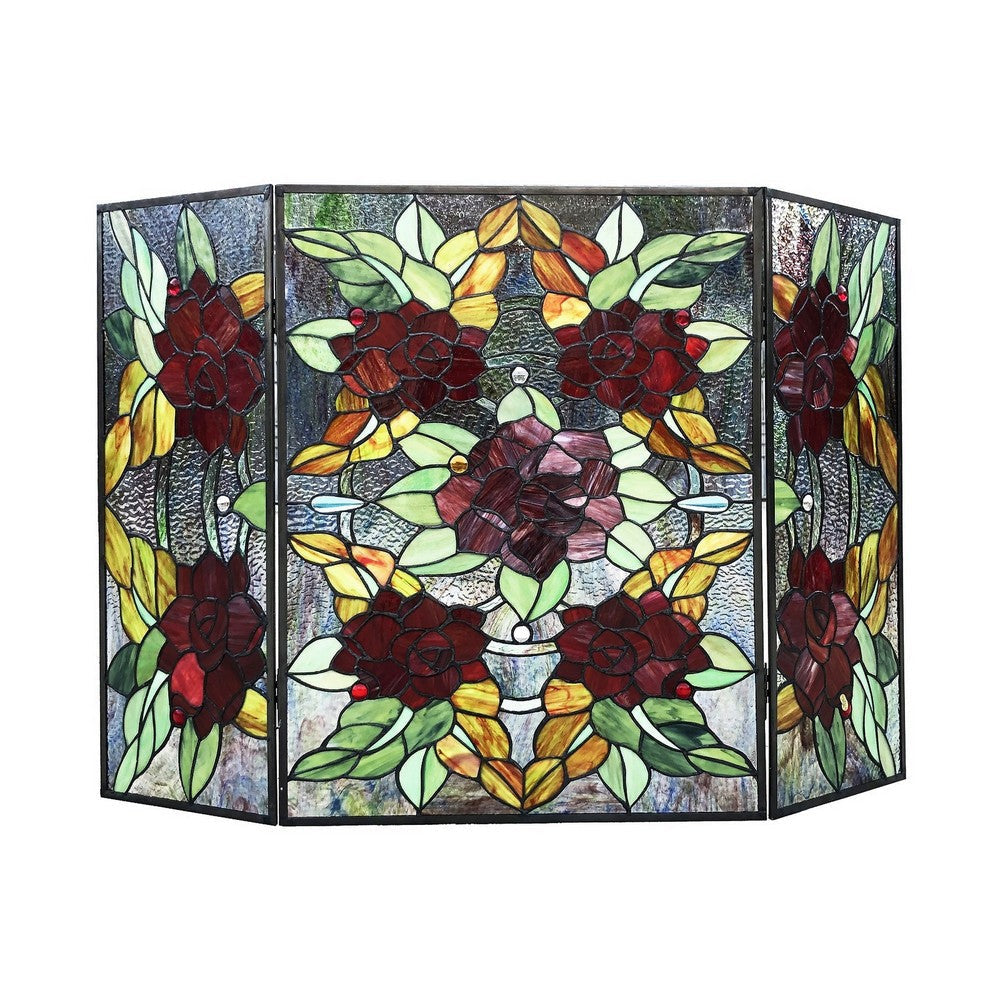 Chloe Lighting Canna Tiffany-Style 3Pcs Folding Floral Stained Glass Fireplace Screen 40’’ Width CHL-CH1F033RF40-GFS