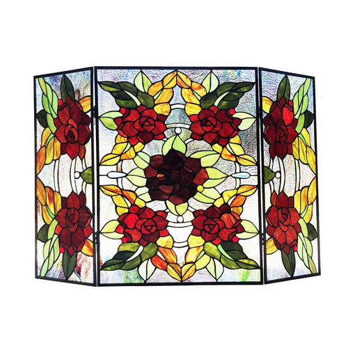 Chloe Lighting Canna Tiffany-Style 3Pcs Folding Floral Stained Glass Fireplace Screen 40" Width