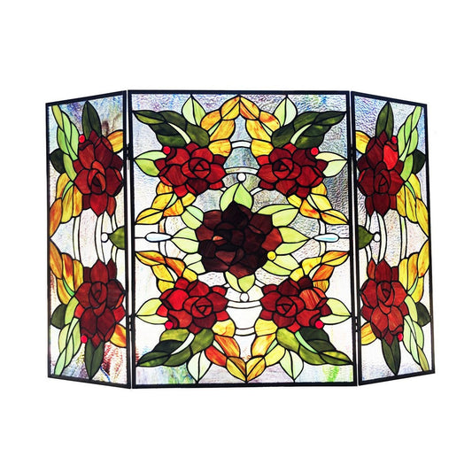 Chloe Lighting Canna Tiffany-Style 3Pcs Folding Floral Stained Glass Fireplace Screen 40" Width