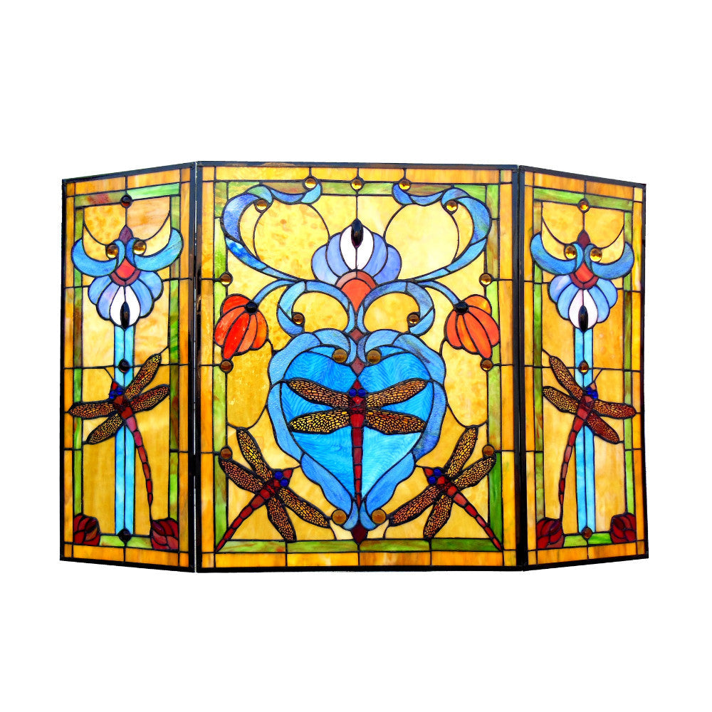 CHLOE Lighting ZYGO Tiffany-style 3pcs Folding Dragonfly Fireplace Screen 44" Wide