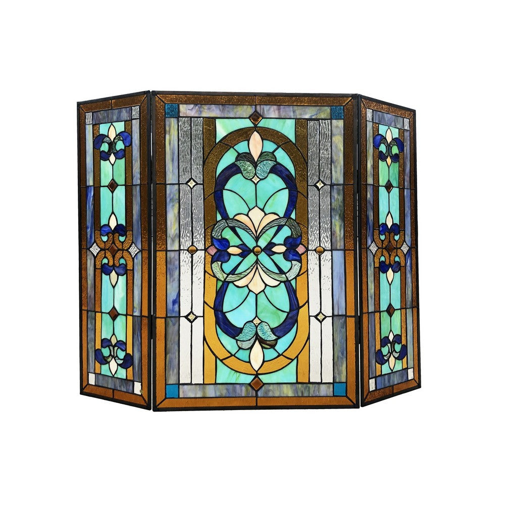 Chloe Lighting Palace Tiffany-Style 3Pcs Folding Victorian Stained Glass Fireplace Screen 40’’ Width CHL-CH1F195GV40-GFS