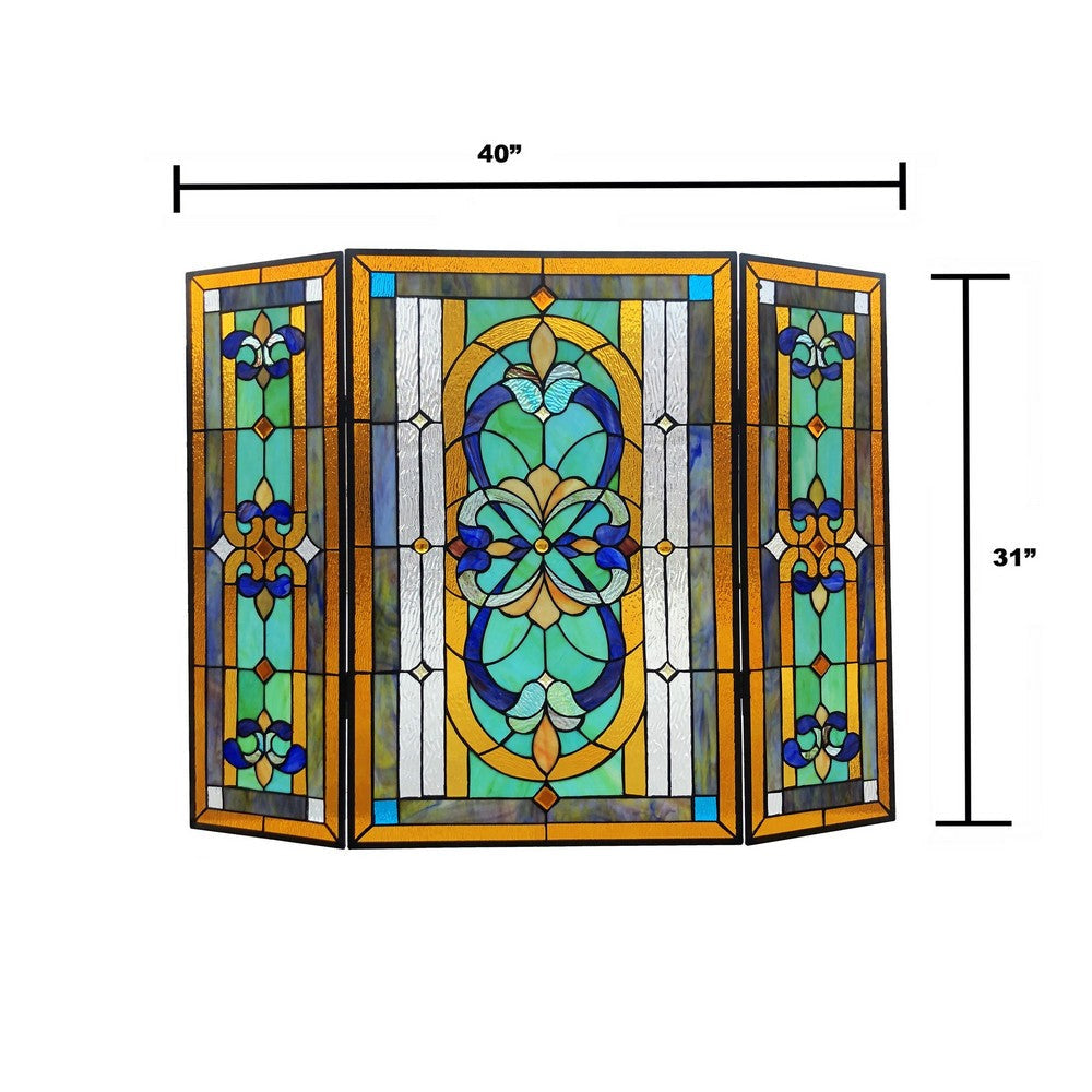 Chloe Lighting Palace Tiffany-Style 3Pcs Folding Victorian Stained Glass Fireplace Screen 40’’ Width CHL-CH1F195GV40-GFS