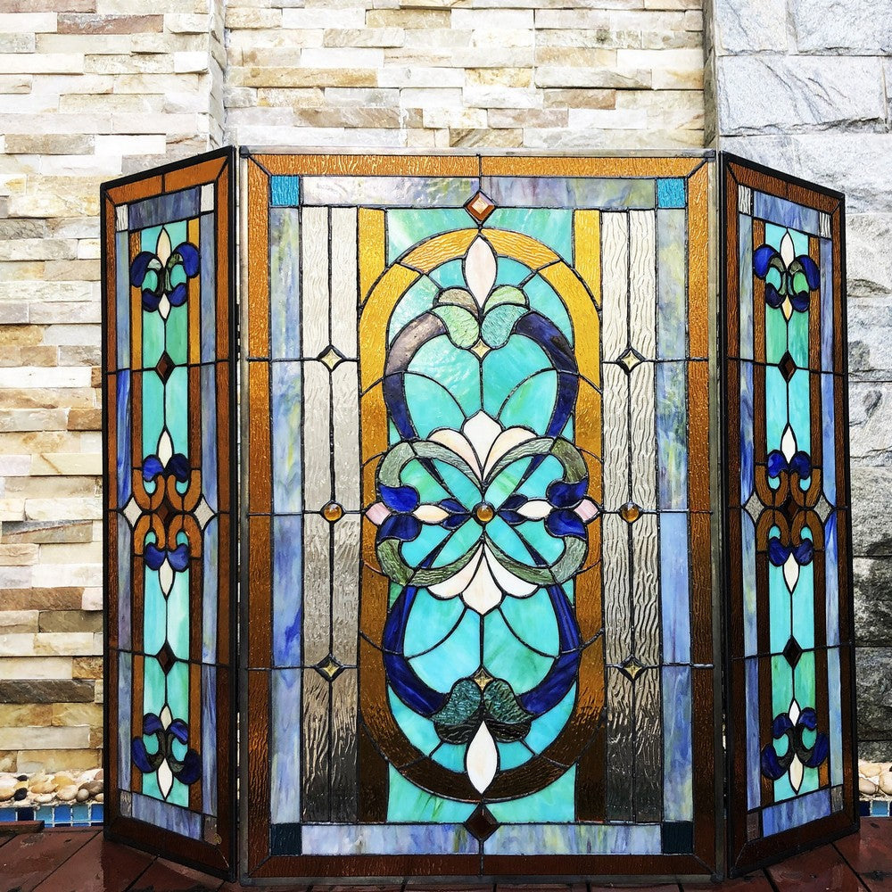 Chloe Lighting Palace Tiffany-Style 3Pcs Folding Victorian Stained Glass Fireplace Screen 40" Width