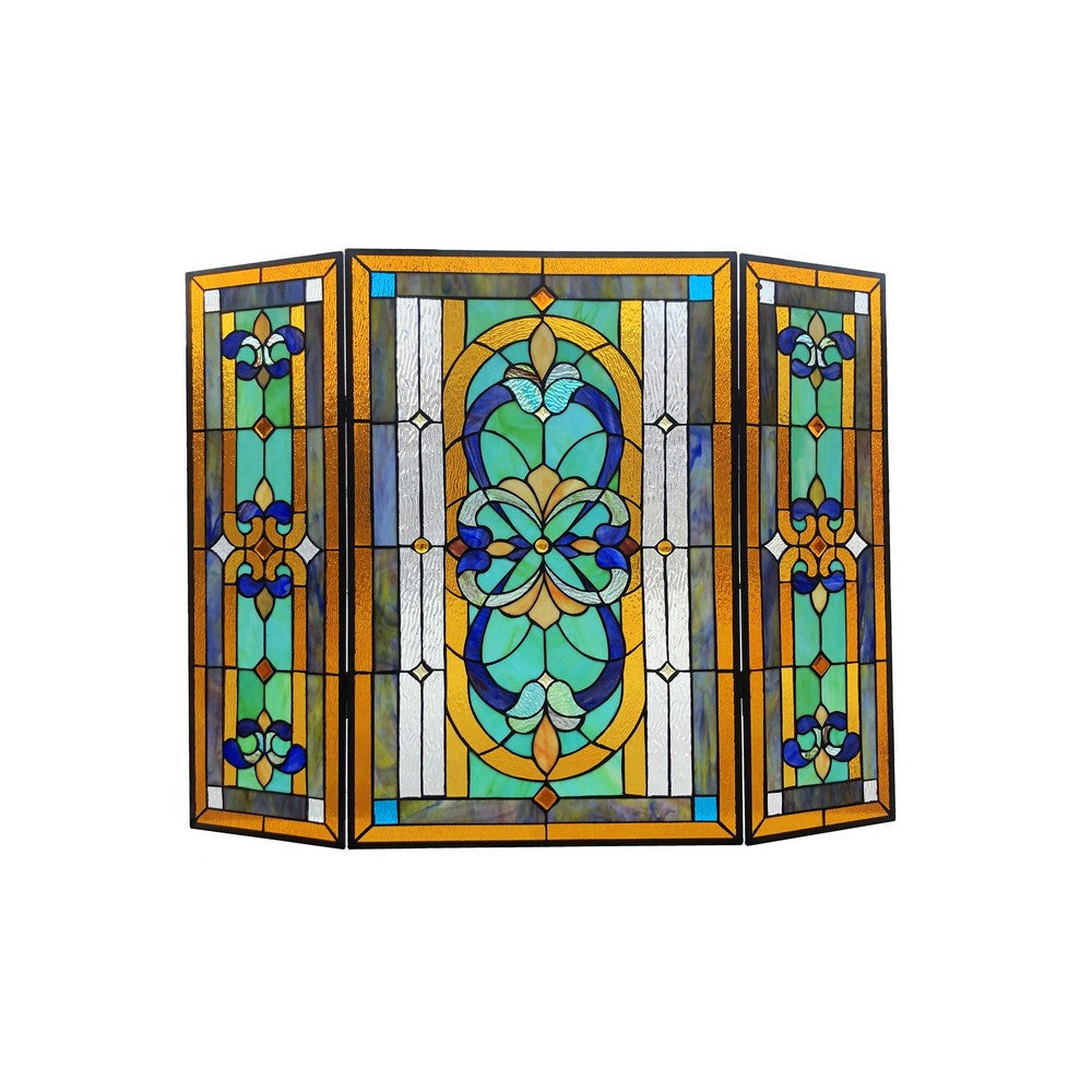 Chloe Lighting Palace Tiffany-Style 3Pcs Folding Victorian Stained Glass Fireplace Screen 40" Width