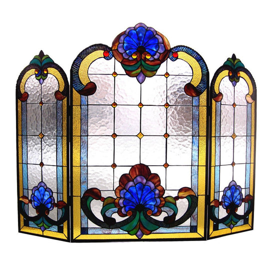 3 Panel Crown and Victorian Design Folding Fireplace Screen, Multicolor