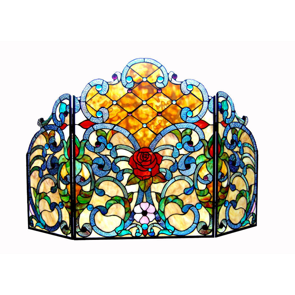 3 Panel Crown Design Folding Fireplace Screen, Multicolor