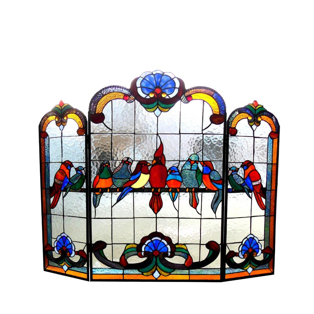 AVES Tiffany-glass Gathering Birds Design 3pcs Folding Fireplace Screen 40" Wide