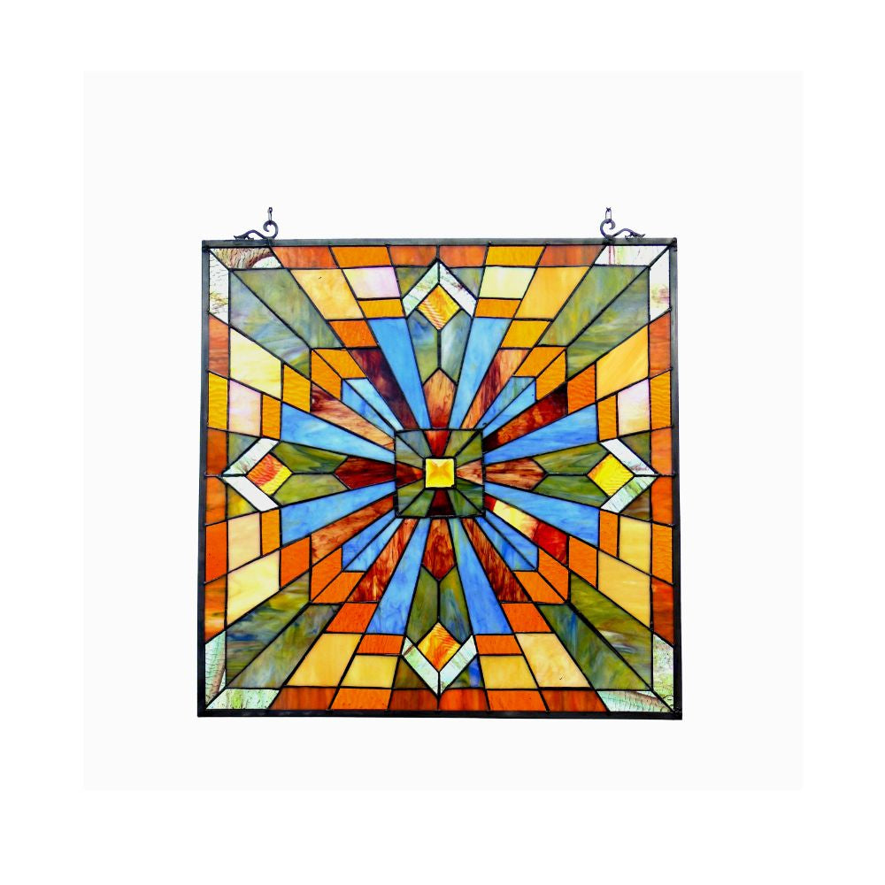 Tiffany Style Glass Window Panel with Geometric Design, Multicolor