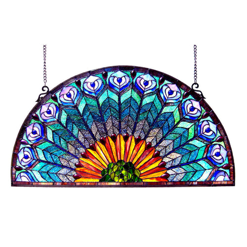 CHLOE Lighting REGAL EUDORA Tiffany-style Peacock Feather Glass Window Panel 35x18