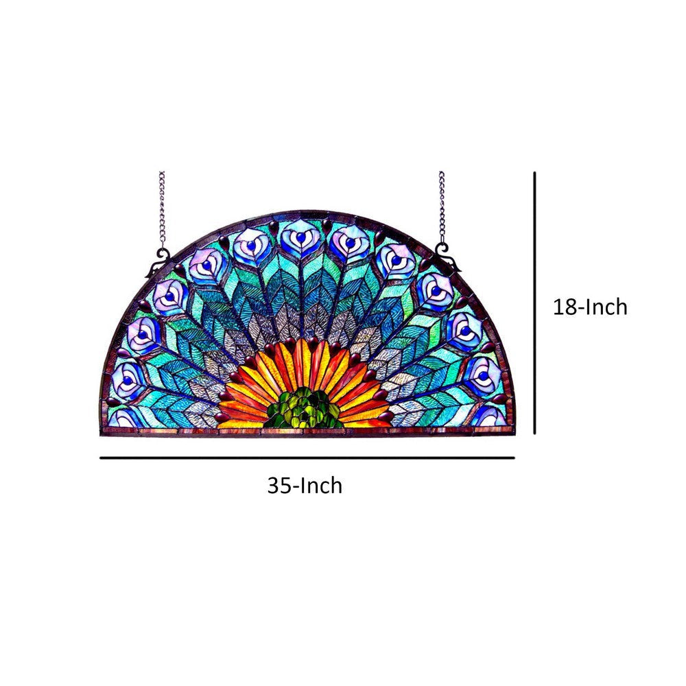 CHLOE Lighting REGAL EUDORA Tiffany-style Peacock Feather Glass Window Panel 35x18 CHL-CH1P046GP35-GPN