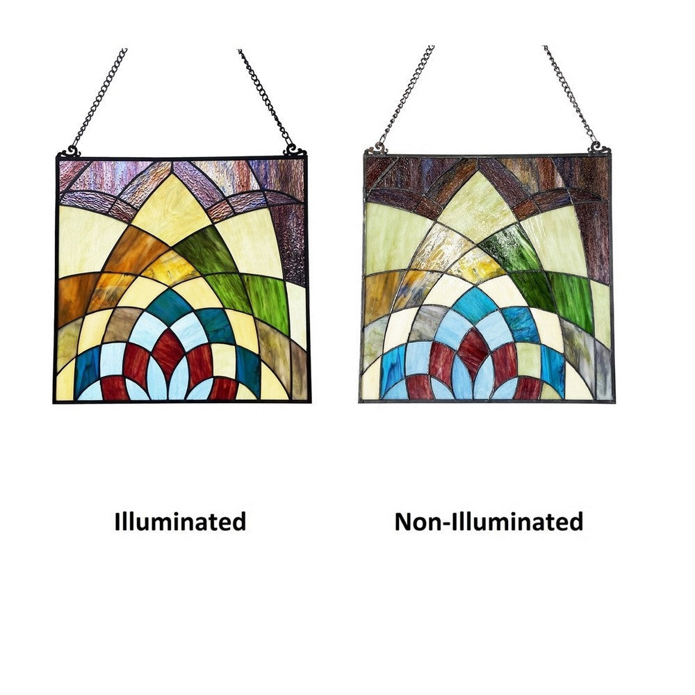 CHLOE Lighting KALEIDOSCOPE Geometric-Style Black Finish Stained Glass Window Panel 16’’ Tall CHL-CH1P121GG16-SQR