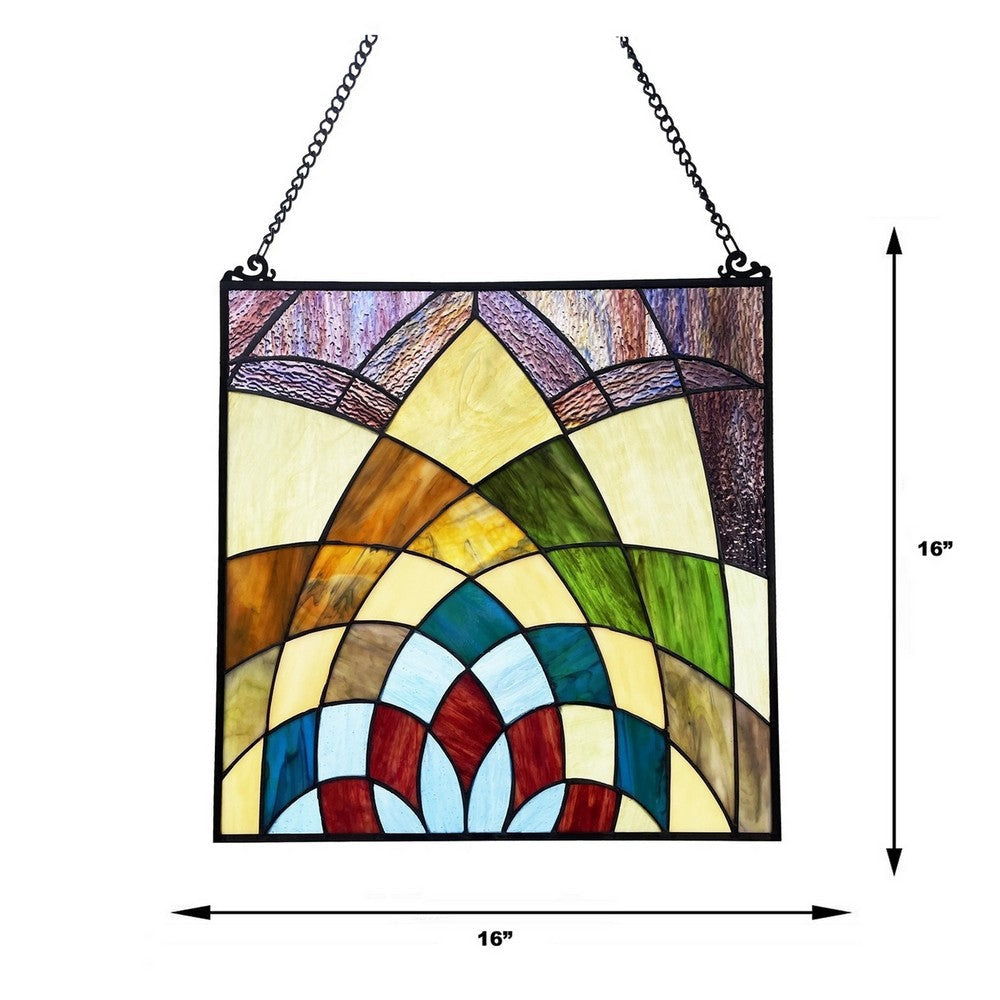 CHLOE Lighting KALEIDOSCOPE Geometric-Style Black Finish Stained Glass Window Panel 16’’ Tall CHL-CH1P121GG16-SQR