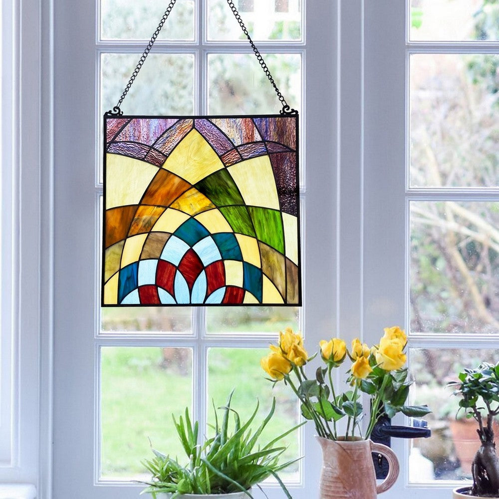 CHLOE Lighting KALEIDOSCOPE Geometric-Style Black Finish Stained Glass Window Panel 16’’ Tall CHL-CH1P121GG16-SQR