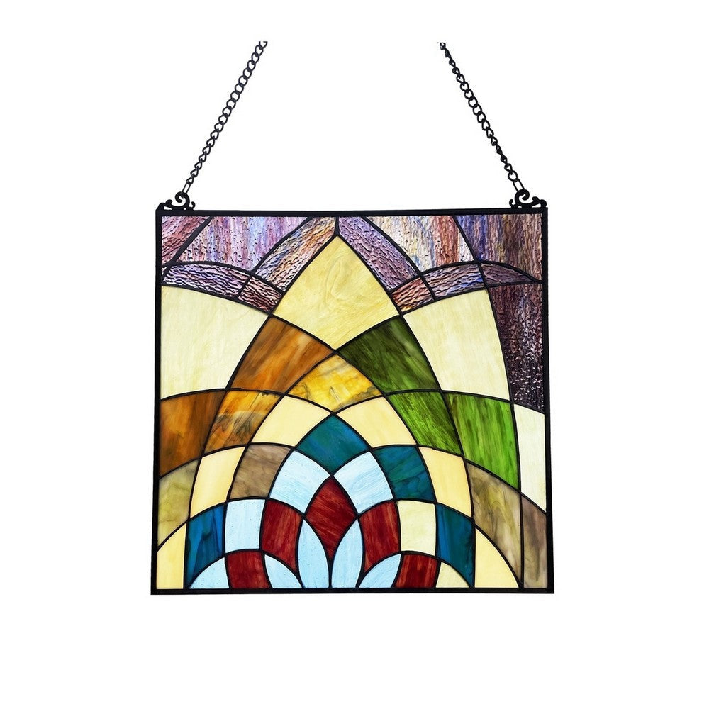 CHLOE Lighting KALEIDOSCOPE Geometric-Style Black Finish Stained Glass Window Panel 16" Tall