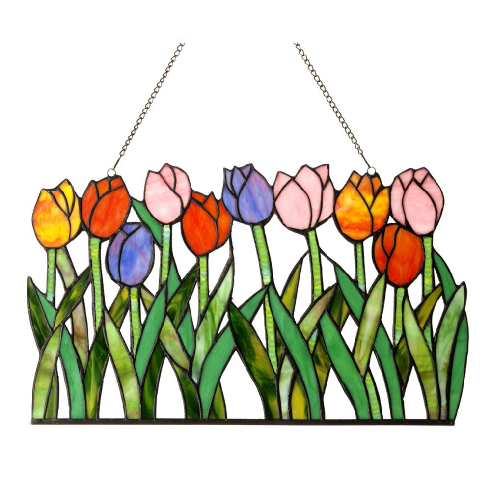18 Inch Glass Window Panel with Tulip Design, Multicolor