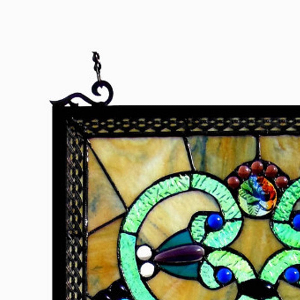 28 Inches Rectangular Scrolled Tiffany Glass Window Panel Multicolor CHL-CH1P143AV28-GPN