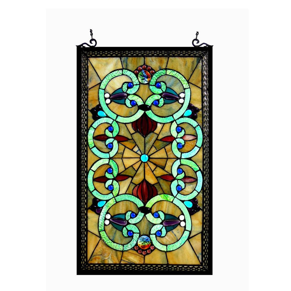 28 Inches Rectangular Scrolled Tiffany Glass Window Panel, Multicolor