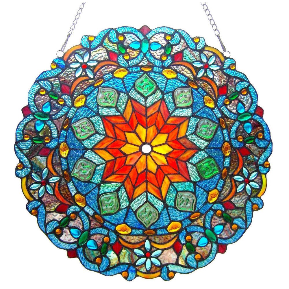 21 Inch Tiffany Style Round Glass Window Screen, Multicolor