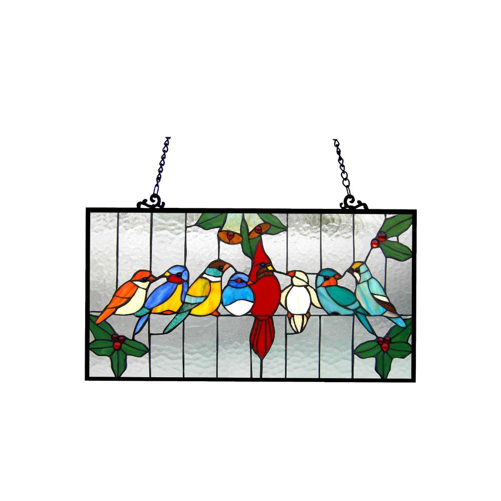 Hand Crafted Rectangular Glass Window Panel with Bird Prints, Multicolor