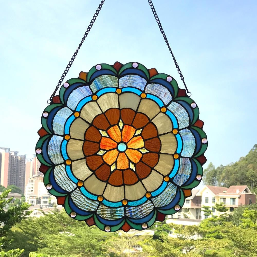 Lighting MINERVA Tiffany-glass Circus Tent 18’’ Round Window Panel CHL-CH1P162AV18-GPN