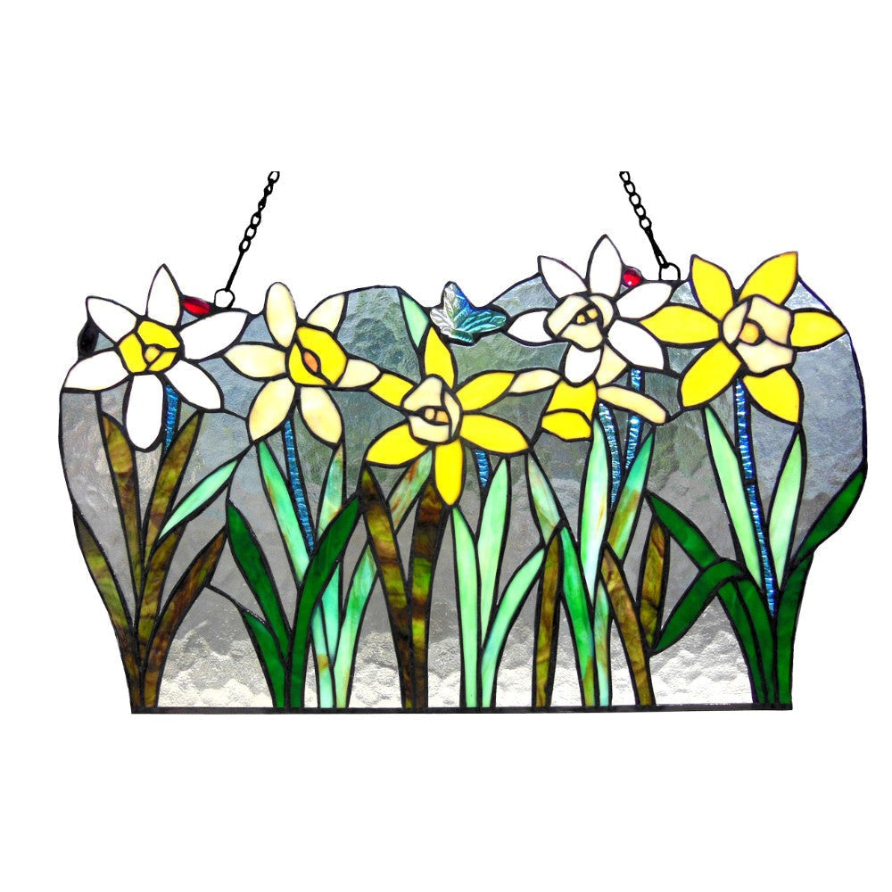 CHLOE Lighting DAISY Tiffany-glass Flowers Window Panel 23" Wide