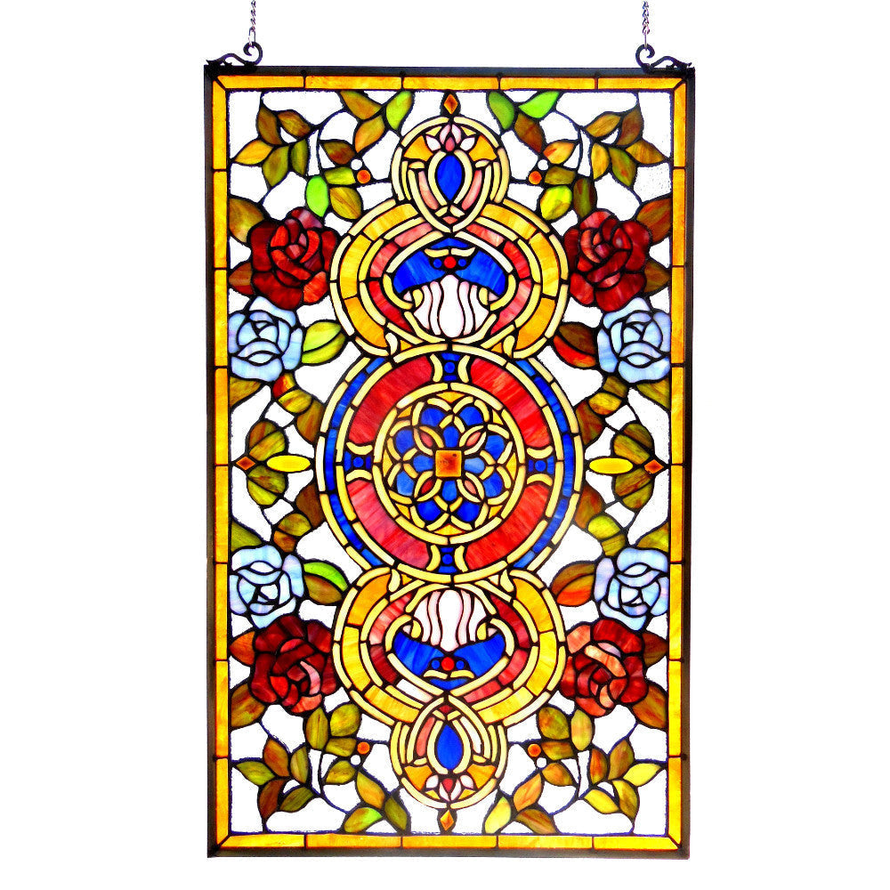 Metal Window Glass Panel with Bell Design and Scrolled Ironwork, Black