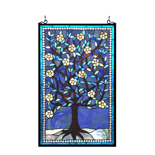32 Inch Tree Design Tiffany Style Glass Window Panel, Blue