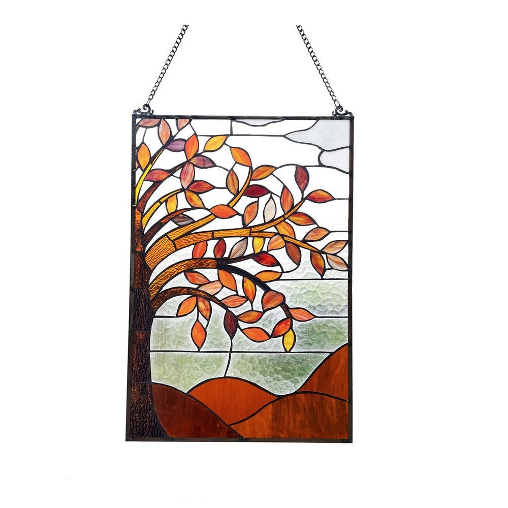 CHLOE Lighting AUTUMNAL Floral-Style Black Finish Stained Glass Window Panel 24" Tall