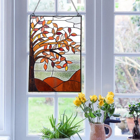 CHLOE Lighting AUTUMNAL Floral-Style Black Finish Stained Glass Window Panel 24" Tall