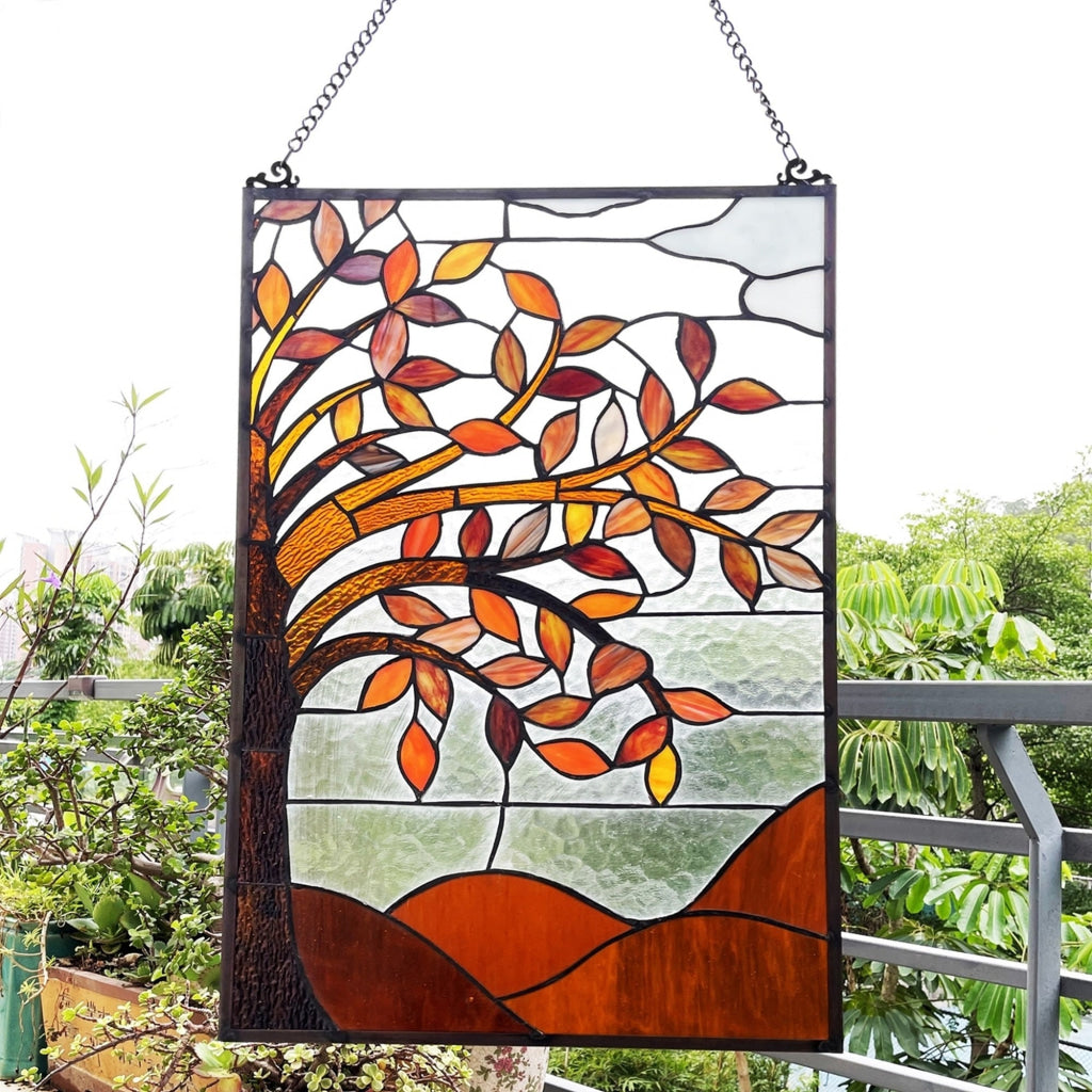 CHLOE Lighting AUTUMNAL Floral-Style Black Finish Stained Glass Window Panel 24’’ Tall CHL-CH1P307OF24-VRT