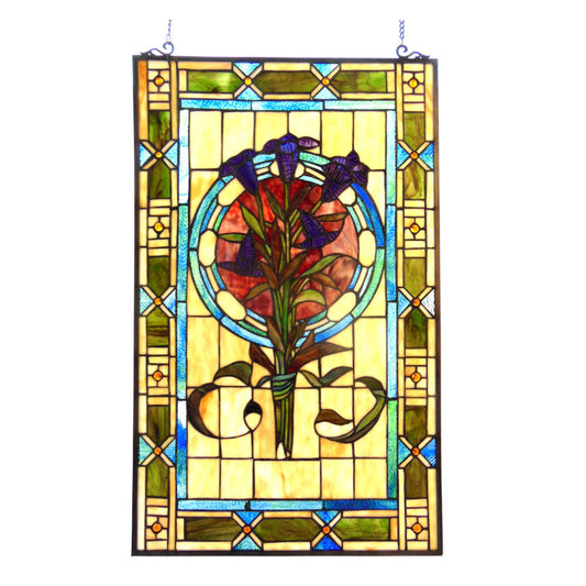 32 Inches Rectangular Tulip Design Tiffany Glass Window Panel, Multicolor