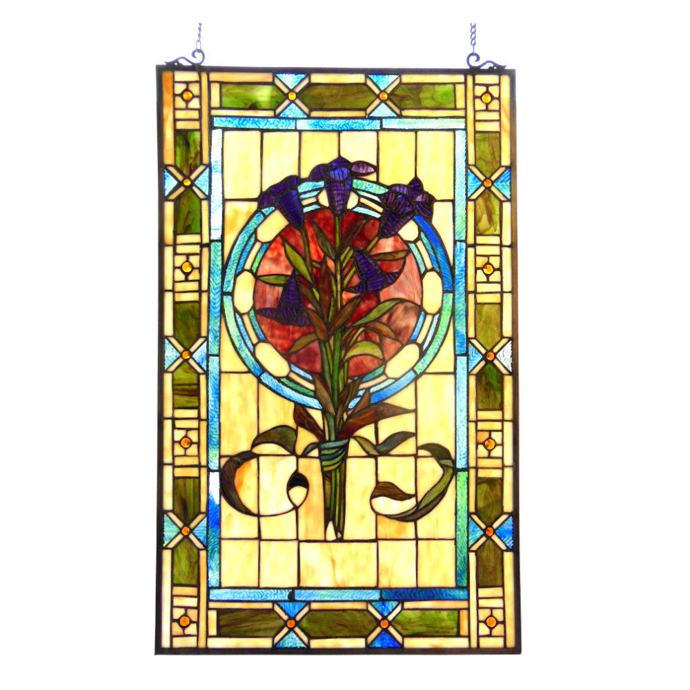 32 Inches Rectangular Tulip Design Tiffany Glass Window Panel, Multicolor
