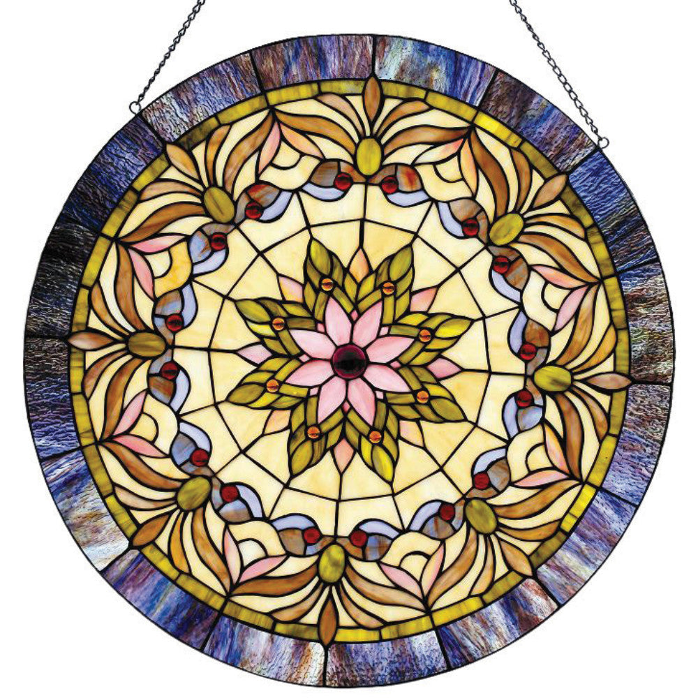 Metal Round Window Glass Panel with Hanging Chain, Multicolor