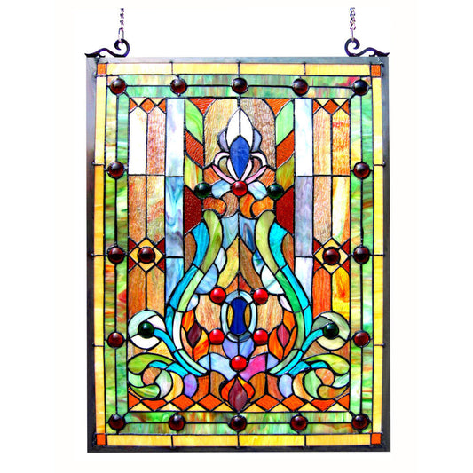 24 Inches Geometric and Scrolled Tiffany Glass Window Panel, Multicolor