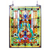 24 Inches Geometric and Scrolled Tiffany Glass Window Panel, Multicolor