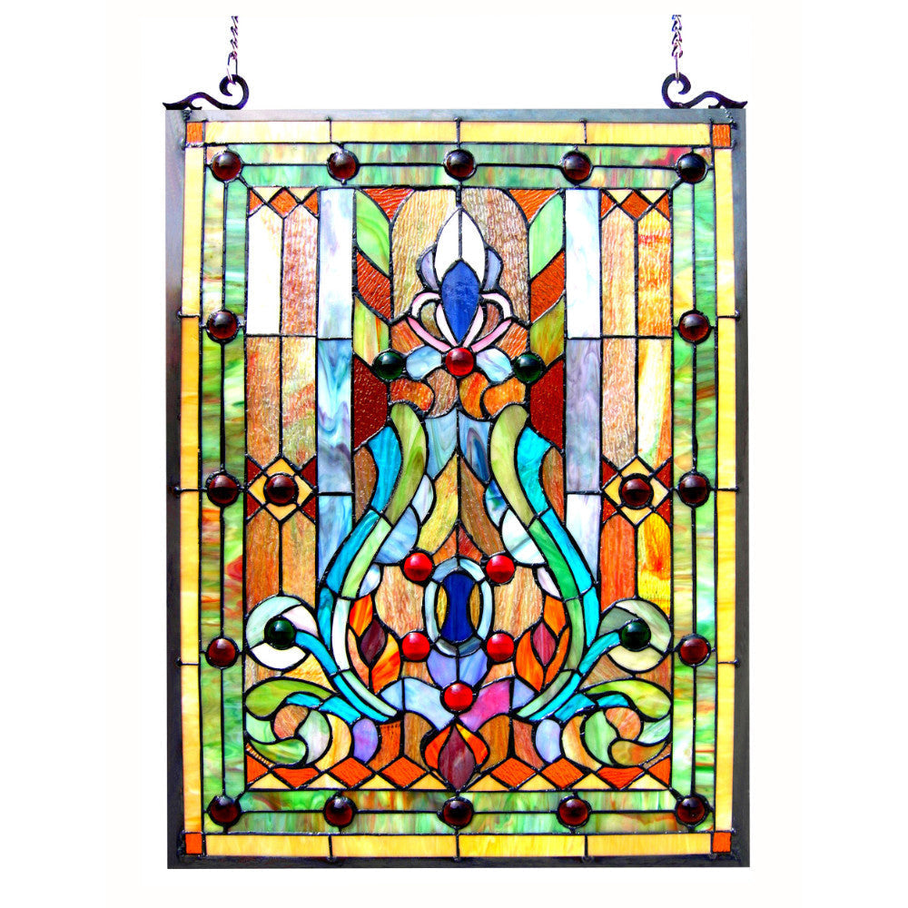 24 Inches Geometric and Scrolled Tiffany Glass Window Panel, Multicolor