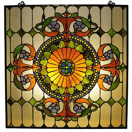 Victorian Style Glass Window Panel with Hanging Chain, Multicolor